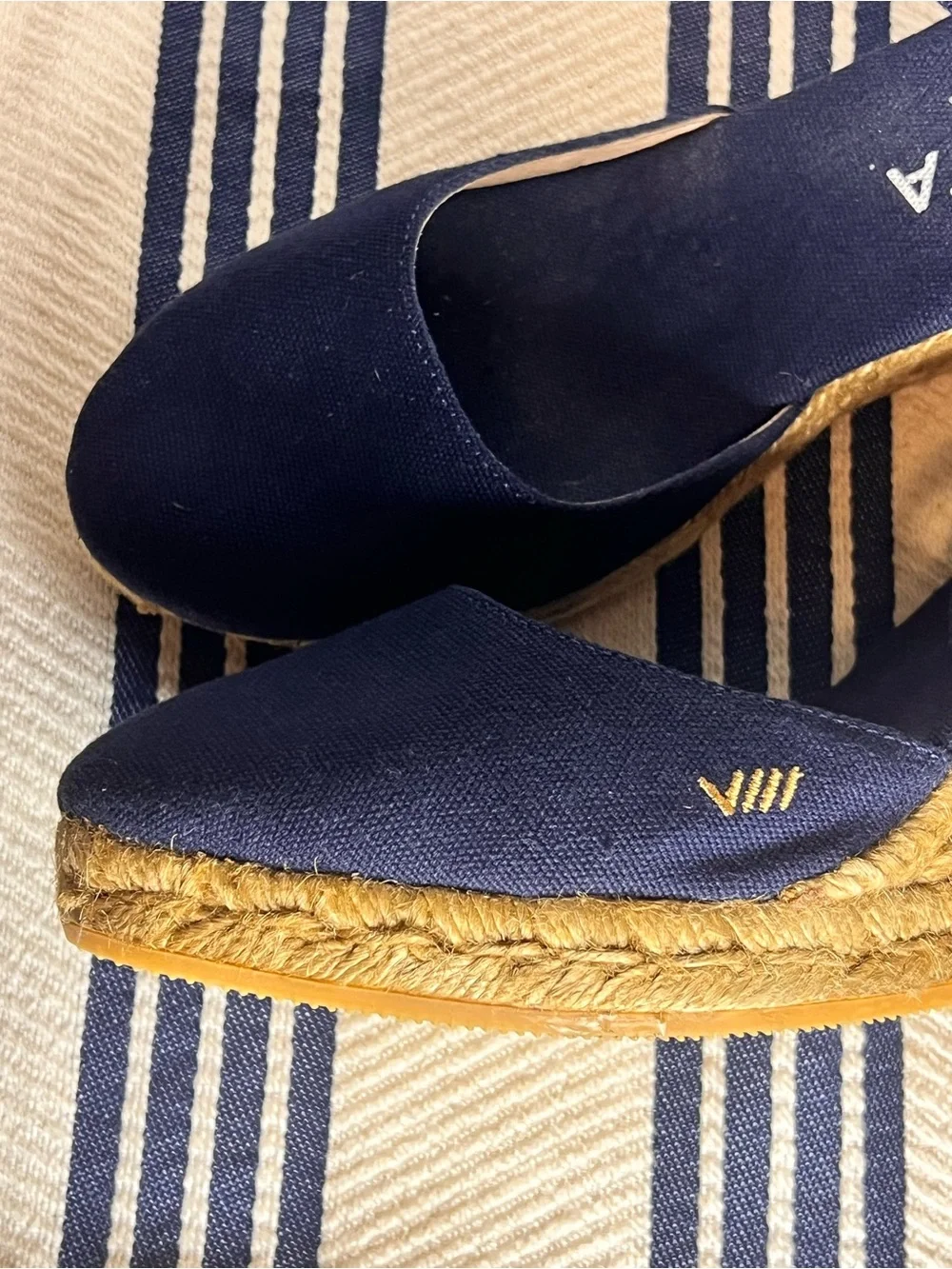 Viscata Barcelona Navy Canvas Espadrille Wedge Sandals with Ankle Strap
